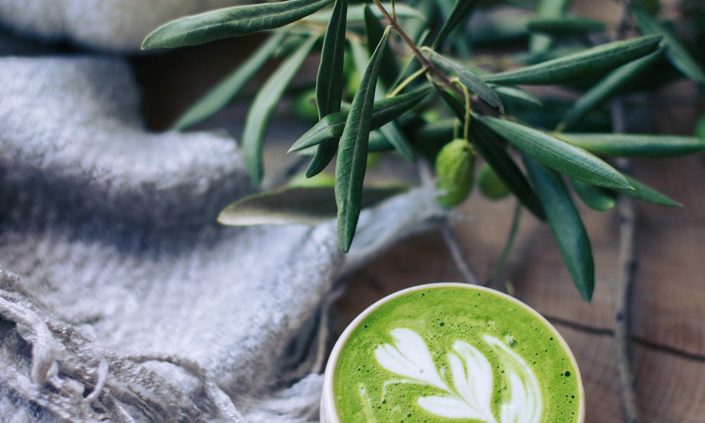 Cozy Autumn Matcha Latte with Olive Branch Decor .pexels