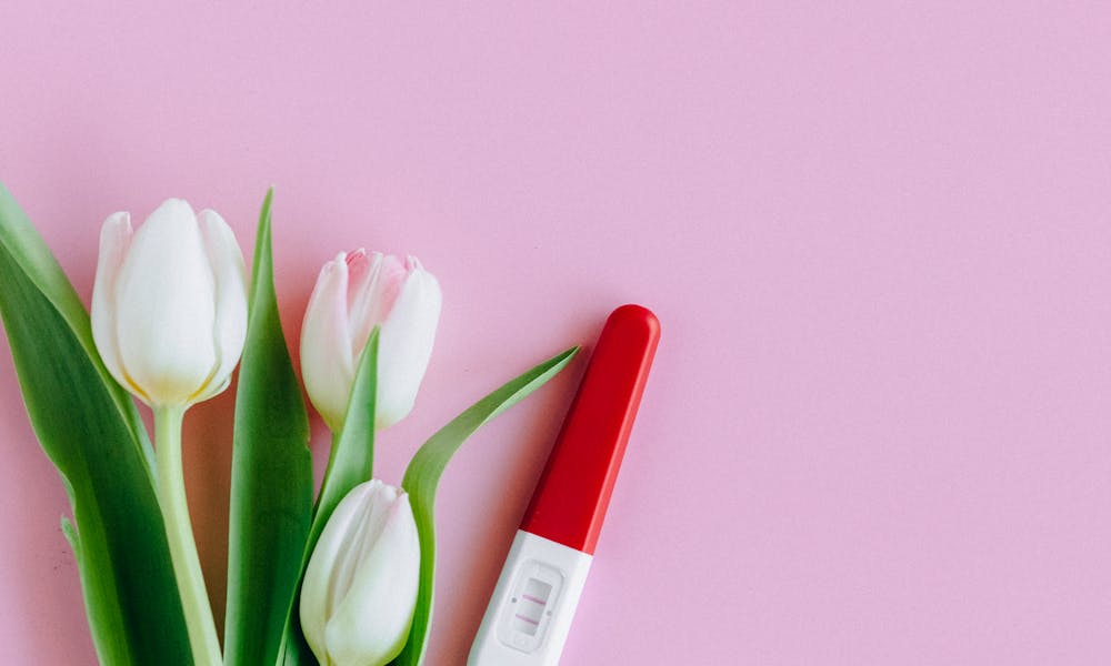 Positive pregnancy test with tulips and pacifier on pink backdrop. .pexels