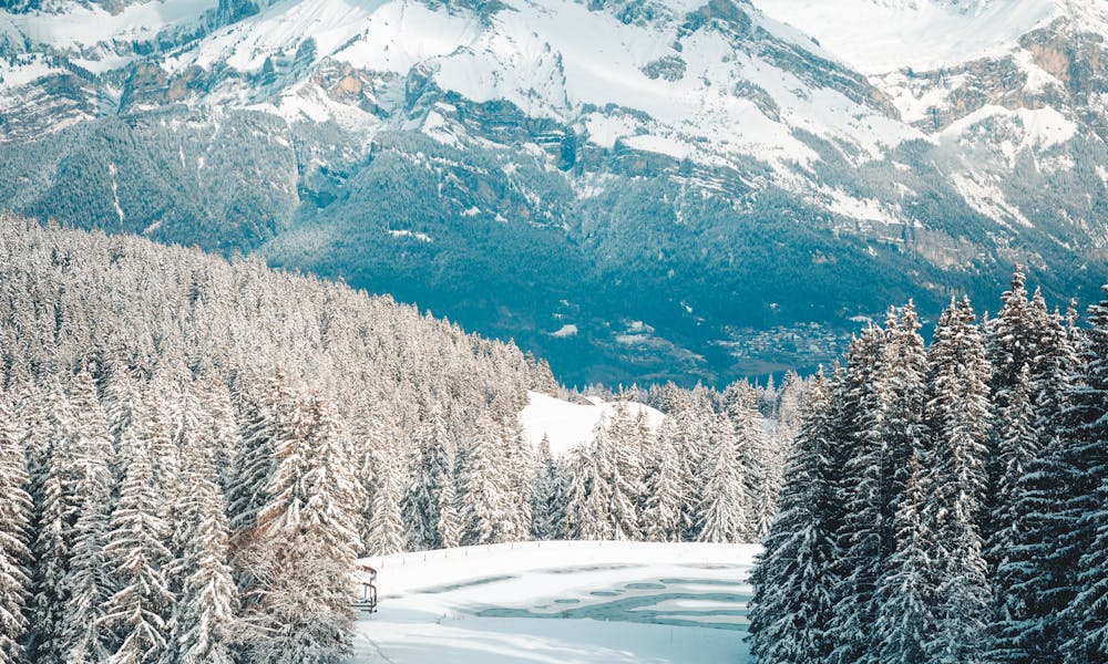 A serene winter landscape in Megève, showcasing snowy forests and majestic mountains. .pexels